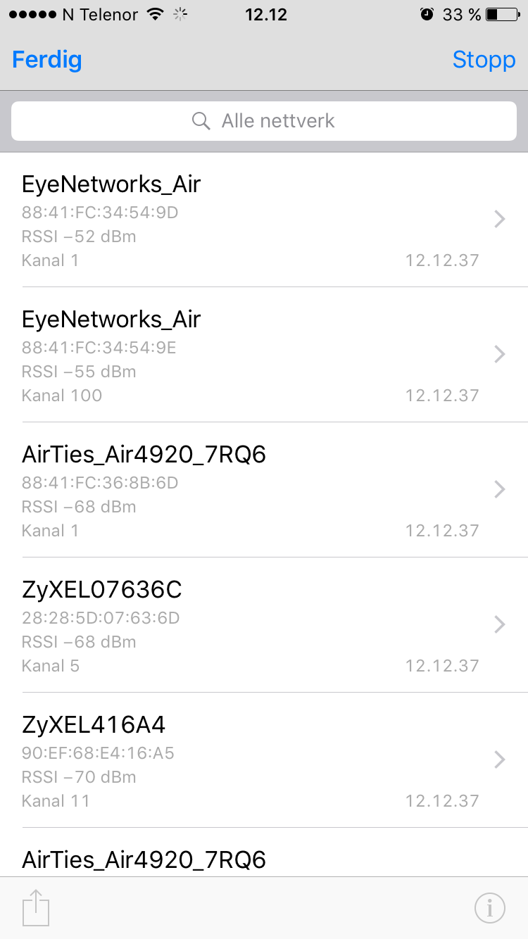 screenshot: list of networks
