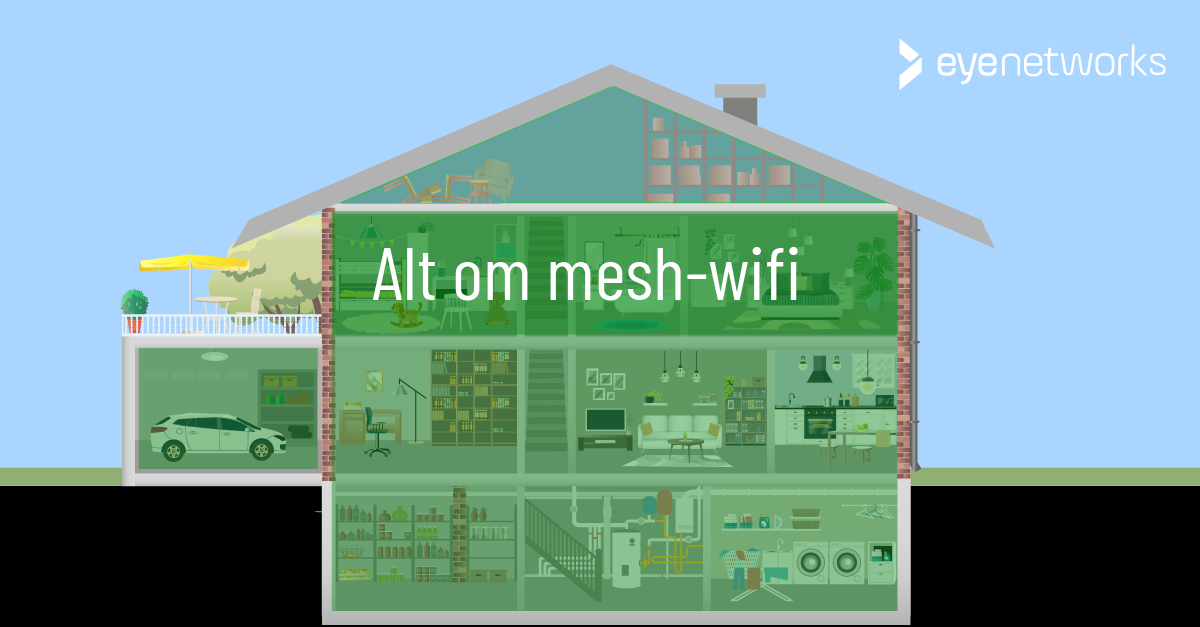 Stort hus dekket av grønt slør. Tekst: Alt om mesh-wifi. Logo fra Eye networks