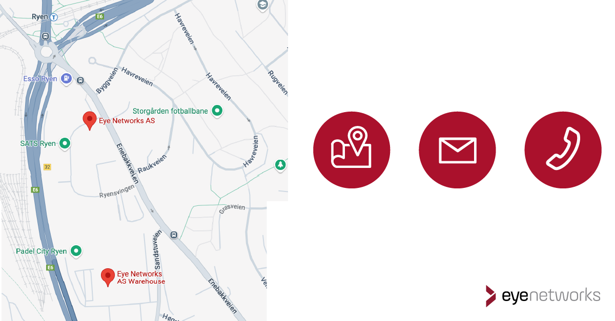 Screenshot from Google Maps showing the locations of Eye Networks main office and warehouse. Icons for map location, email address, and phone.