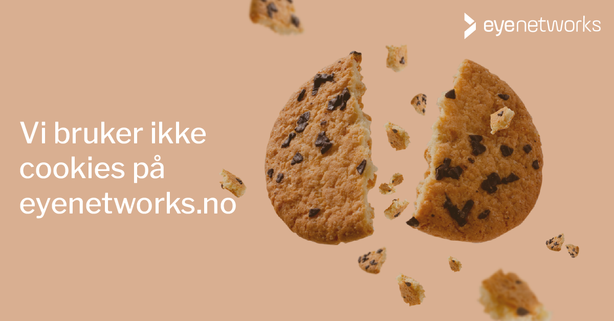 Bilde av en cookie som knekkes i to. Tekst: Vi bruker ikke cookies på eyenetworks.no