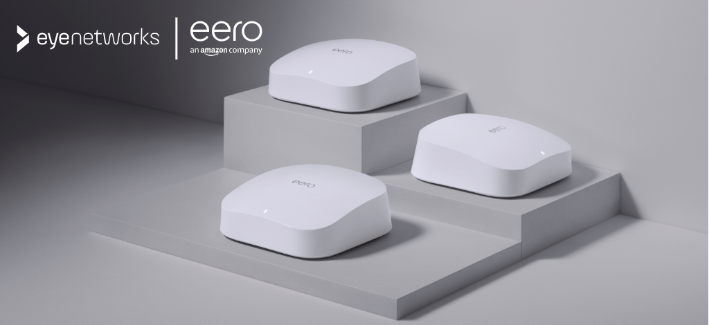 three eero pro 6 devices on a podium. logos from Eye Networks and eero, an Amazon company