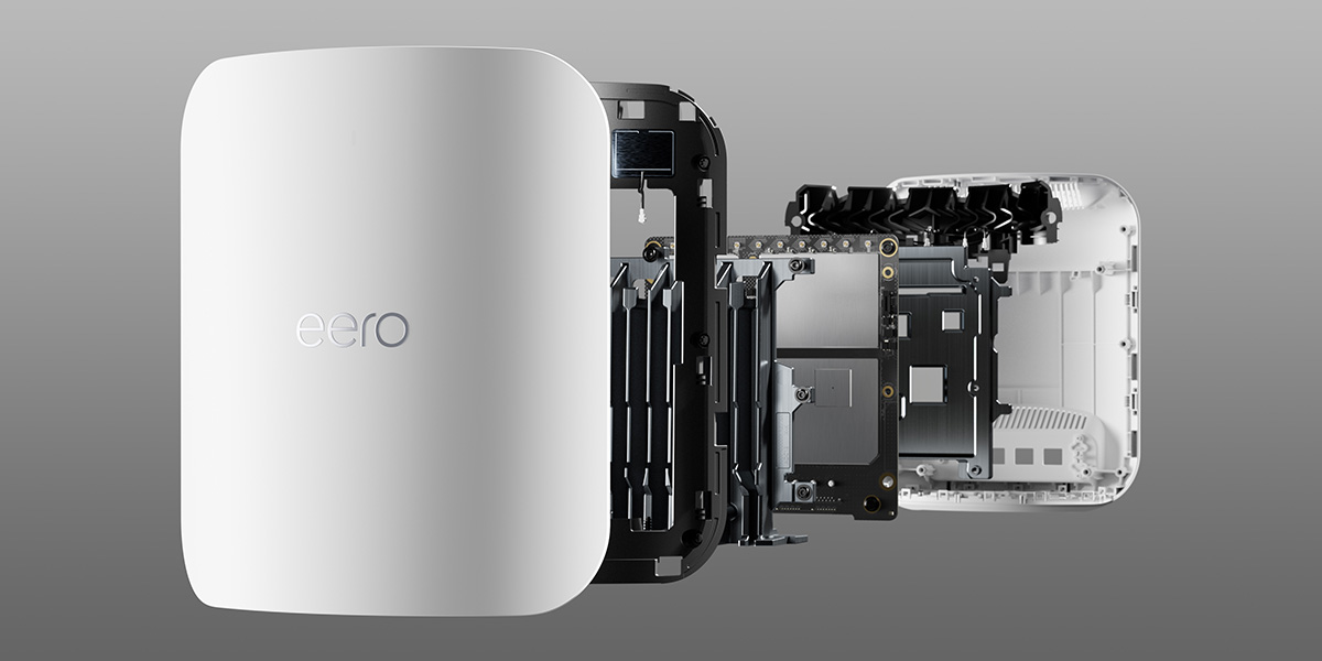 Picture of an eero Max 7 device "exploded" to show its various components