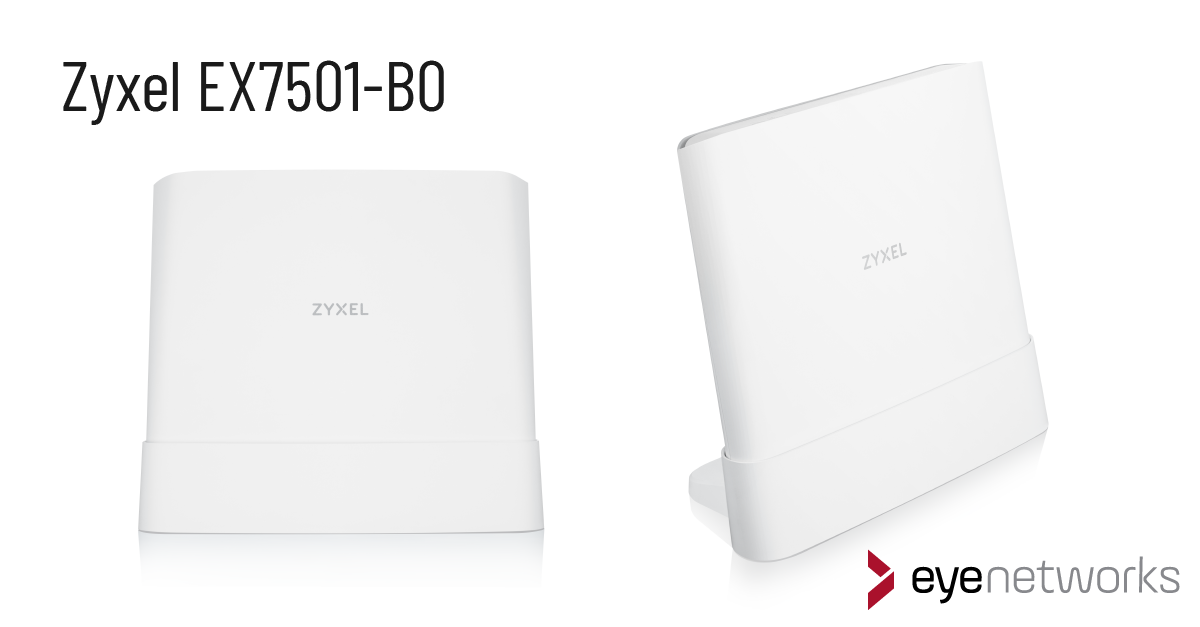 Two pictures of Zyxel EX7501-B0 fiber gateway seen from different angles. Eye Networks logo.