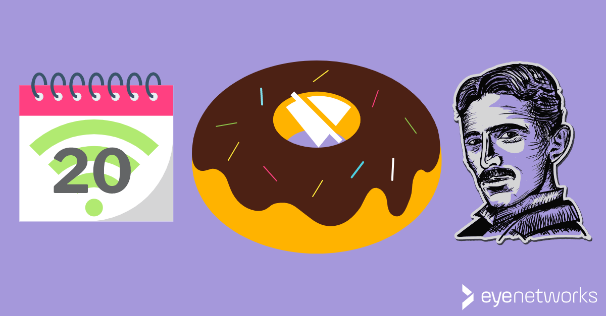 3 wifi fun facts illustrated: A calendar with the number 20 on a wifi symbol, a doughnut with a no wifi symbol in the hole in the middle, and a portrait of Nikola Tesla