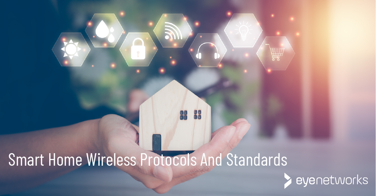 Picture shows a hand holding a miniature wooden house. Above the house, symbols for connectivity and home electronics are hovering. Text: Smart home wireless standards and protocols. Logo from Eye Networks