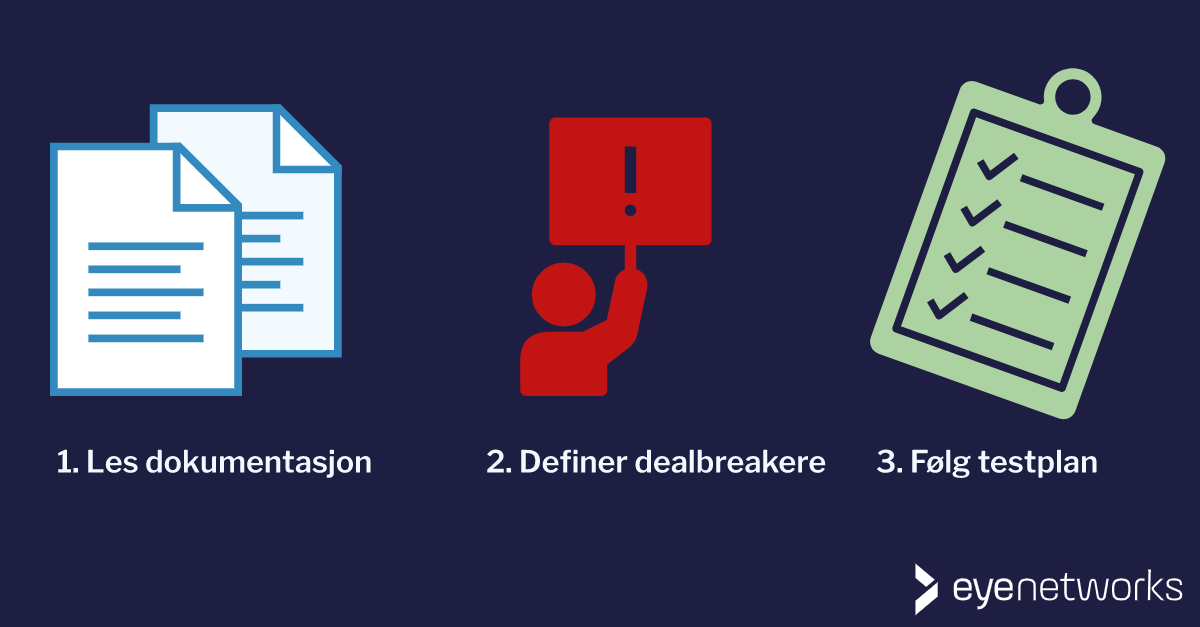 Illustrasjon av de tre viktigste punktene for et vellykket bytte av produkt: Les dokumentasjonen, bestem deg for dealbreakere og følg en testplan