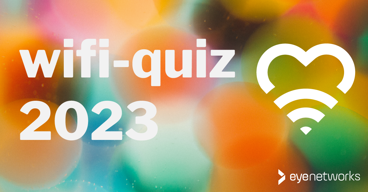 Fargerik bakgrunn med teksten "wifi-quiz 2023", et hjerteformet wifi-symbol og logoen til Eye Networks