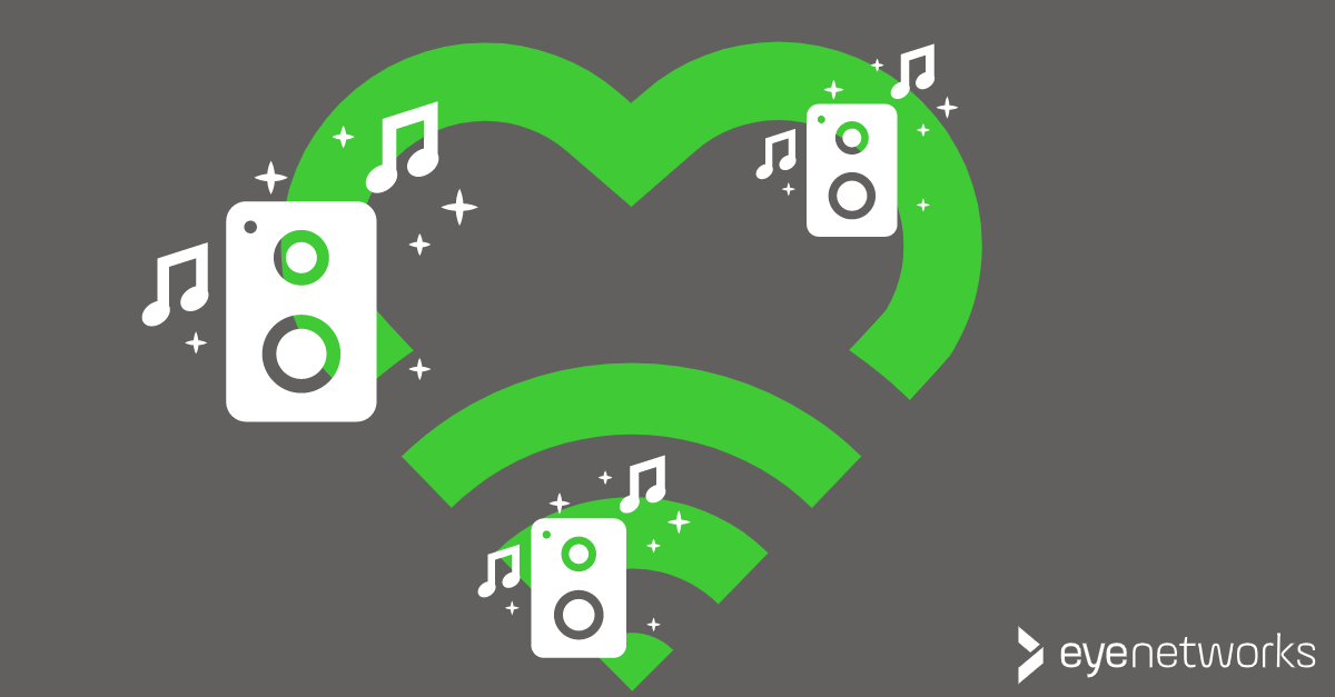 Illustration of a heart-shaped green wifi icon overlaid with speakers playing music