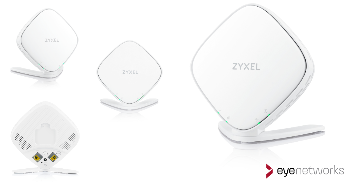 Zyxel WX5600-t0, a white wireless access point, displayed from 4 different angles. Logo from Eye Networks.