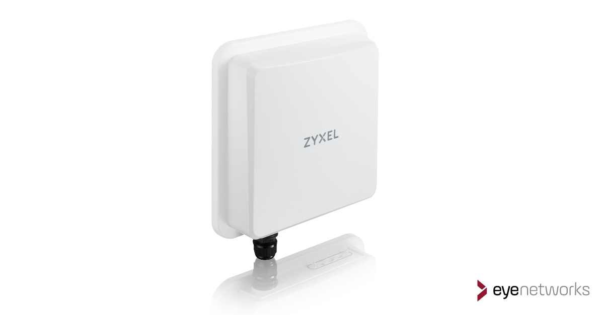 Picture of Zyxel NR7103 outdoor 5 G device. Logo from Eye Networks